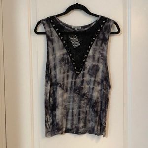 Mesh cutout black and grey tye-dye top